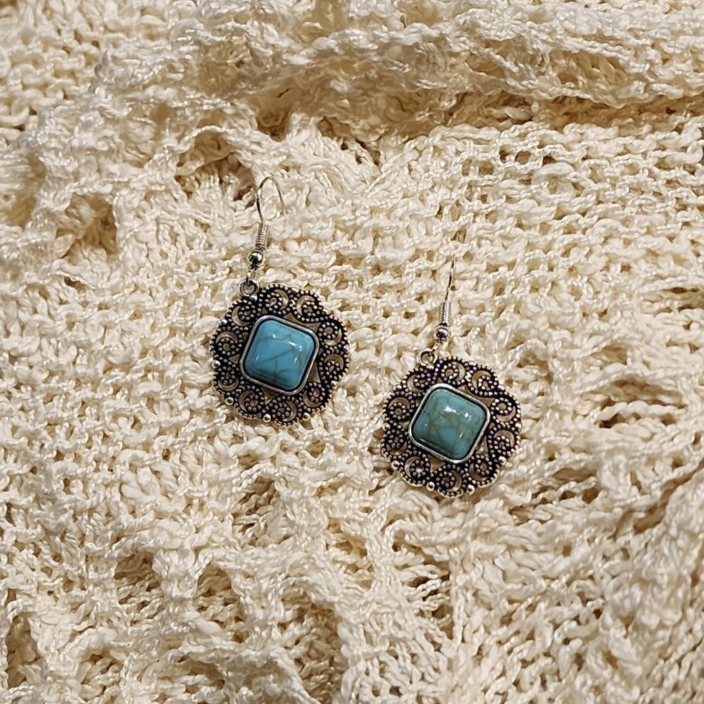 NEW Silver Toned and Faux Turquoise Round Scroll Earrings